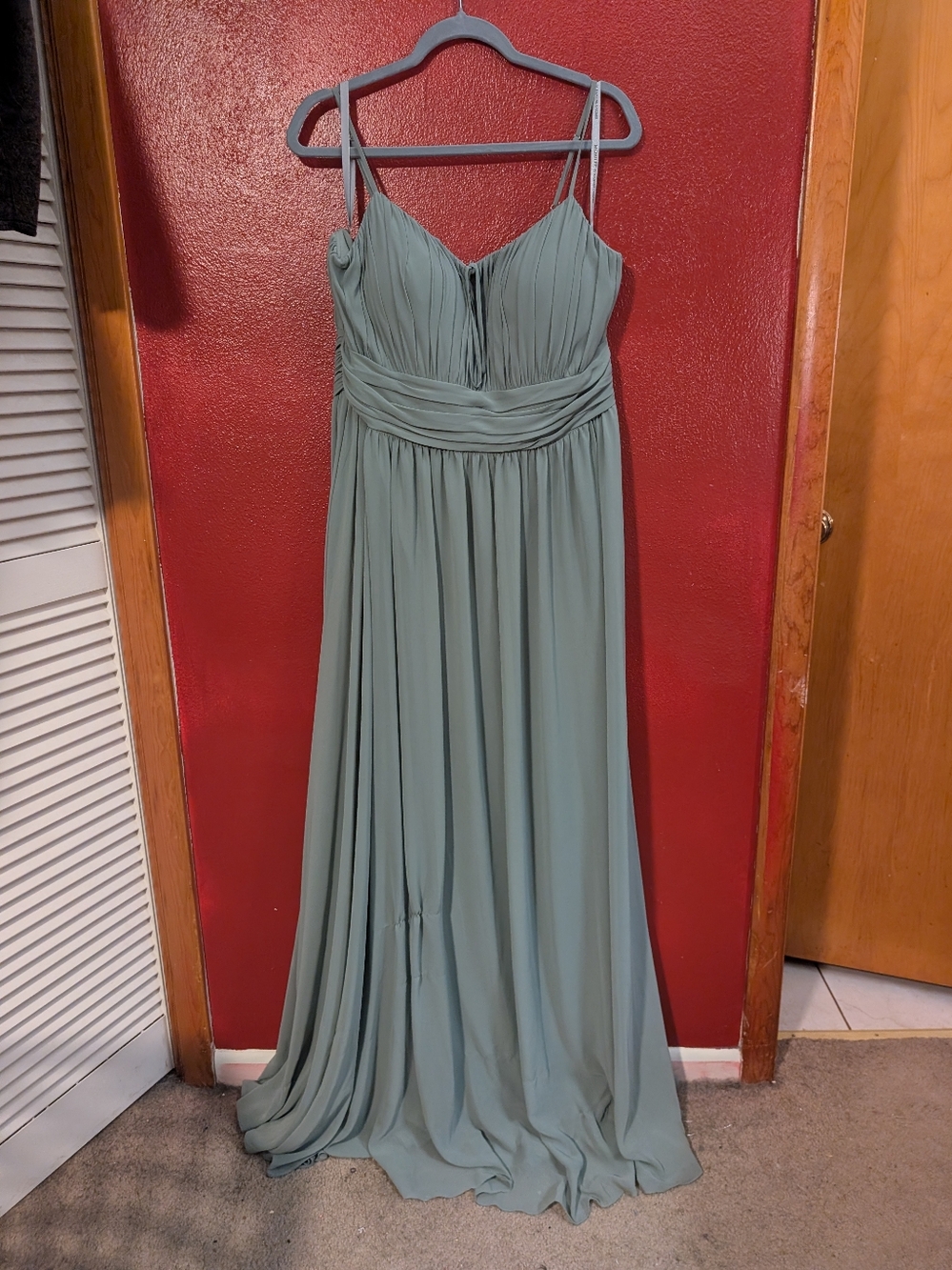 MORI LEE  Sage Green Spaghetti-Strap Maxi Dress